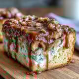 A slice of Caramel Cream Cheese Bread reveals a cheesecake-like swirl and sweet caramel drizzle on a marble plate. 