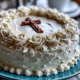 Delicate white rose decorations adorn a classic vanilla sponge cake, topped with a meaningful cross topper for First Communion.