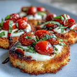 Vibrant Crispy Rice Caprese salad piled high with ripe tomato and mozzarella.