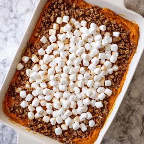 Baked sweet potato casserole with buttery pecan streusel topping next to a golden roasted turkey.
