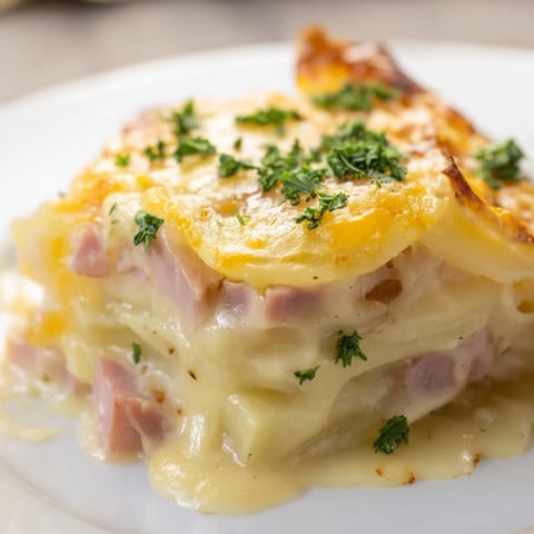 Sliced potatoes and diced ham layered in a casserole dish, ready to serve alongside a green salad for dinner.