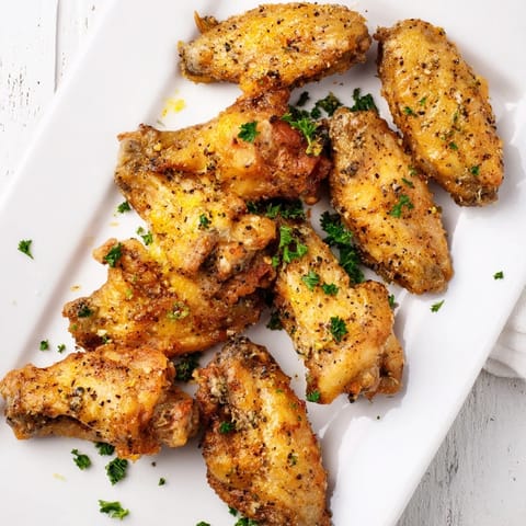 Golden brown Lemon Pepper Wings rest on a wire rack, showcasing crispy skin infused with citrus zest and black pepper.