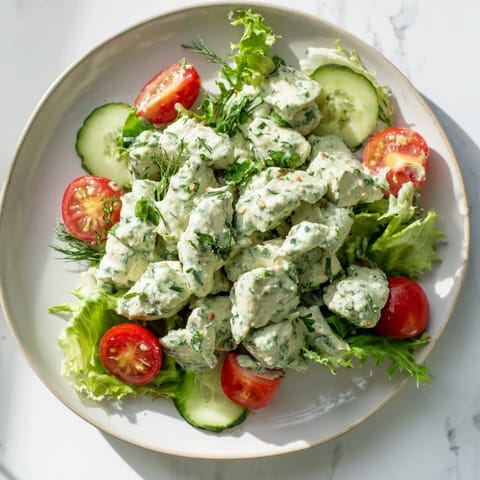 Fresh avocado slices and cherry tomatoes top this vibrant Green Goddess Chicken Salad served on a white platter.