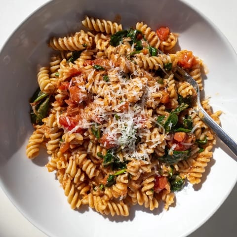 Vibrant red tomatoes and wilted green spinach swirl through al dente rotini in this one-pot vegetarian pasta dish.  