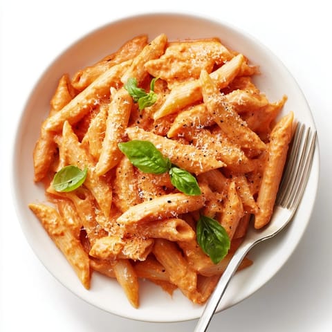 Golden, toasted breadcrumbs and fresh basil garnish a steaming bowl of Creamy Roasted Red Pepper Pasta beside a glass of white wine.