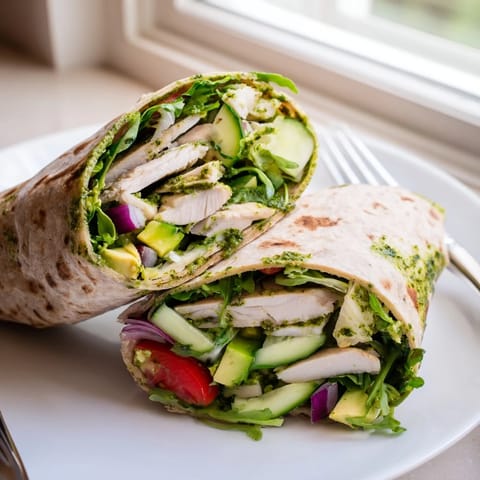 A close-up of a sliced chimichurri chicken salad wrap, showing juicy herbs and crisp vegetables inside.