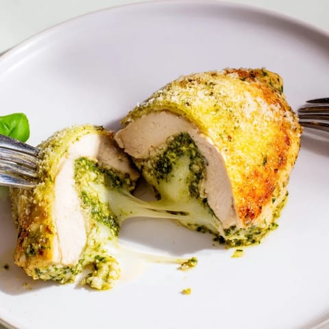 Succulent Mozzarella & Pesto Stuffed Chicken fresh from the oven, featuring a bubbly Parmesan topping and golden seared edges.