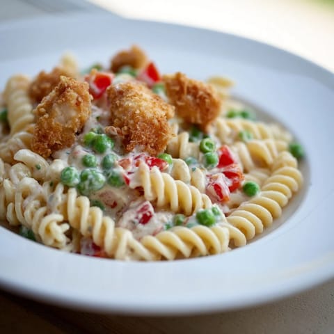Bite-sized crispy chicken tossed with rotini pasta, sweet green peas, and green onions in a rich homemade ranch dressing for a crowd-pleasing meal.