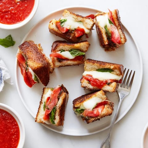 Three golden Caprese Grilled Cheese Dippers rest on a plate with a small bowl of warm marinara, showcasing melted mozzarella and fresh tomato slices.