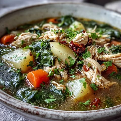 Hearty Collard Greens Chicken Vegetable Soup ready to serve in a rustic bowl.