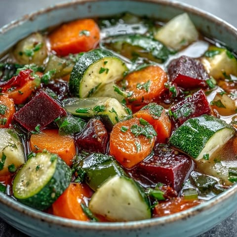 A vibrant bowl of Rainbow Vegetable Detox Soup, brimming with colorful, tender veggies.