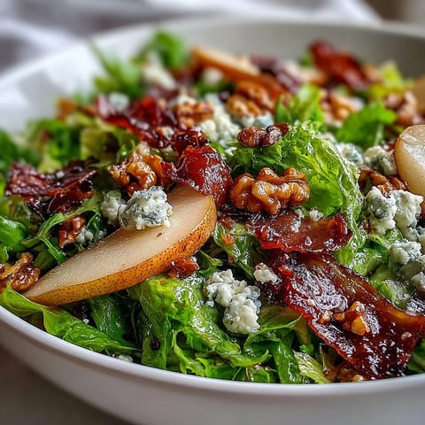 Frisée, pear, blue cheese, and crispy prosciutto salad, a gourmet mix with bright greens and sweet fruit.