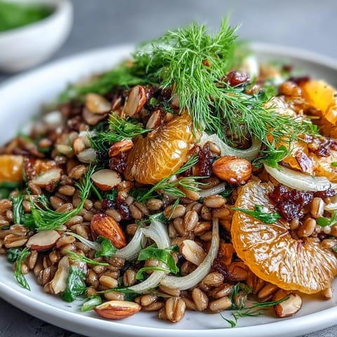 Hearty farro salad featuring crisp fennel, sweet oranges, and toasted almonds.