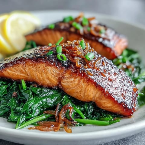 Juicy miso salmon glistening beside tender, savory sautéed spinach.