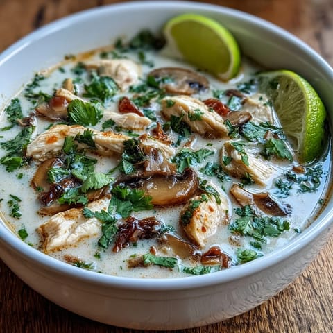 Steaming bowl of Tom Kha Soup garnished with fresh cilantro and a bright lime wedge.