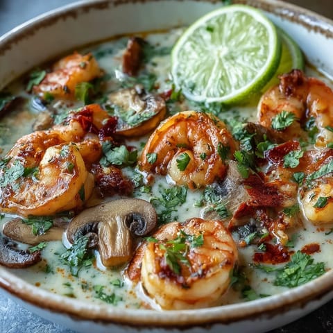 Close-up view of Thai Coconut Shrimp Soup featuring succulent shrimp, sliced mushrooms, and fresh herbs in a rich, aromatic coconut curry broth.  