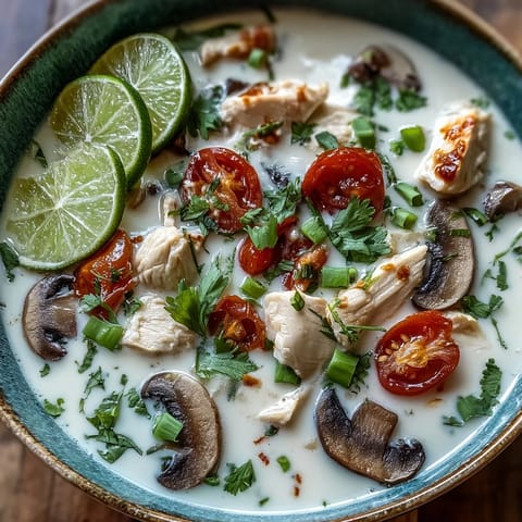 Creamy Best Ever Tom Kha Gai Soup in a white bowl, garnished with cilantro and lime wedges on a rustic wood table.