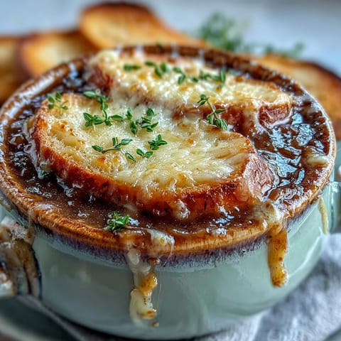 Steaming French Onion Soup in a rustic bowl features deeply caramelized onions and a crusty bread slice.