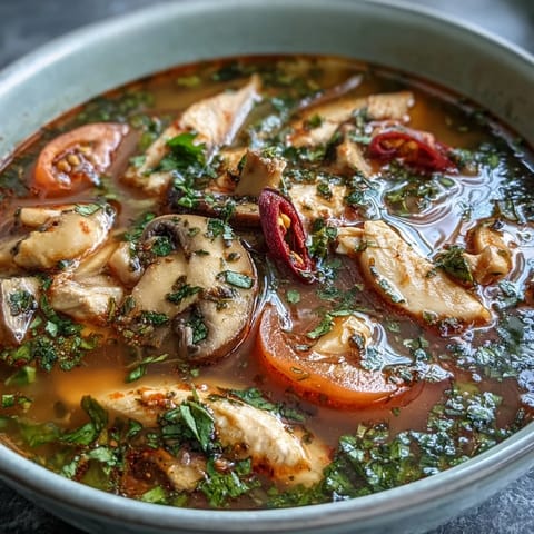 Fresh Tom Yum Gai soup garnished with cilantro and lime wedges on a dark table.