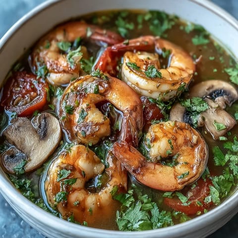 A steaming bowl of Tom Yum Soup with shrimp, mushrooms, and fresh cilantro, garnished with lime wedges.