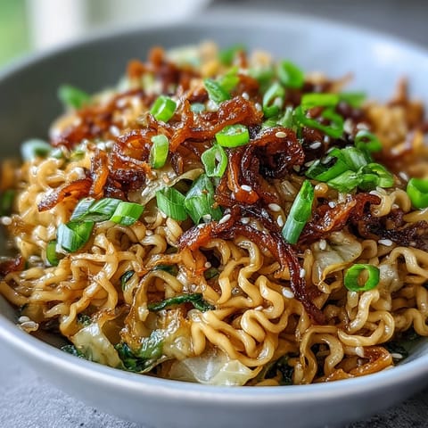 Close-up of Fried Cabbage Ramen in a wok, featuring golden, crisp-edged cabbage and noodles glistening with savory sesame sauce.