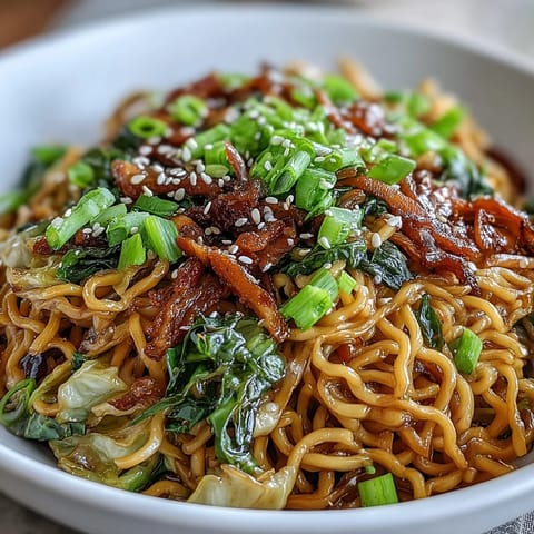 A steaming bowl of Fried Cabbage Ramen served with chopsticks, garnished with fresh green scallions on a rustic wooden table.