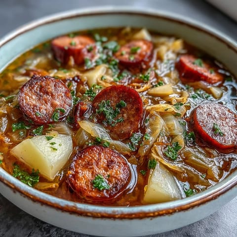 Steaming bowl of homemade Sausage, Potato and Cabbage Soup with chunks of tender potato and sliced kielbasa.