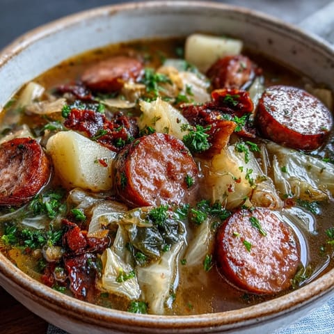 Freshly ladled Sausage, Potato and Cabbage Soup garnished with parsley, served beside crusty artisan bread.