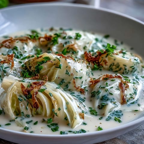 Tender green cabbage wedges simmered in a creamy Parmesan broth with fresh thyme and parsley.