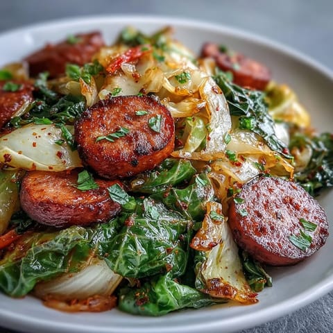 A sizzling skillet of Smothered Cabbage With Sausage, featuring browned kielbasa, sautéed onions, and tender green cabbage leaves glistening with savory juices.