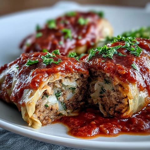 Hearty Cabbage Rolls baked in a rich tomato sauce, garnished with fresh parsley and ready to serve.
