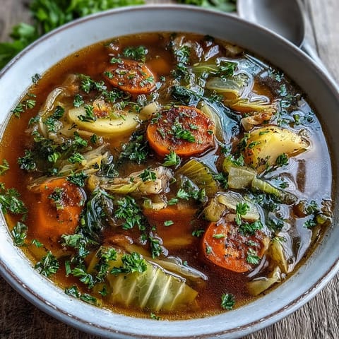 Steaming bowl of Classic Cabbage Soup with tender green cabbage, carrots, and celery in a rich tomato broth.