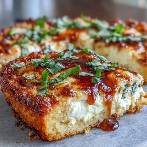 A close-up of sliced Hot Honey Ricotta Pizza showing creamy ricotta and spicy honey drizzle.