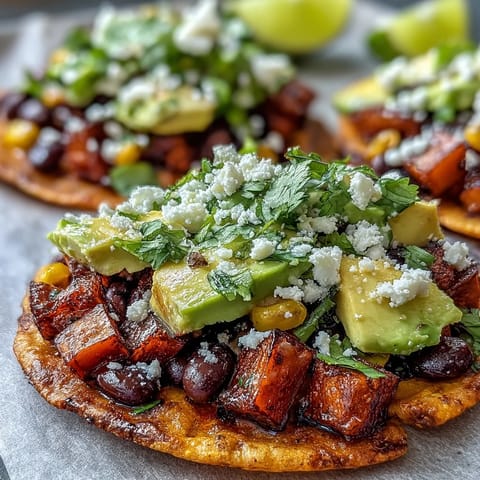 Close-up of assembled Black Bean and Sweet Potato Tostadas with avocado slices and crumbled feta.