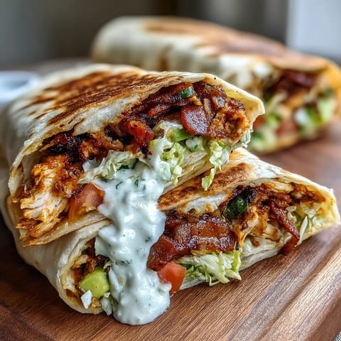 Freshly assembled Crispy Chicken Bacon Wrap resting on a rustic wooden cutting board, drizzled with tangy white mayo sauce, ready to be served alongside sweet potato fries for a satisfying lunch.