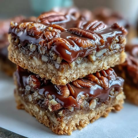 Golden-brown Decadent Sweet and Chewy Turtle Bars with melted chocolate and caramel drizzle on a marble board.