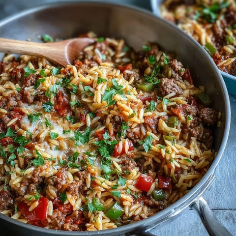 Spoonful of savory Comforting Ground Beef Orzo Dinner featuring bell peppers, peas, and herbs.
