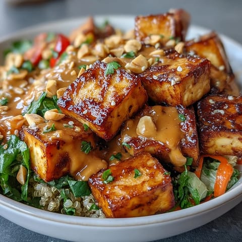 Crispy tofu cubes glisten atop fluffy brown rice in this vibrant Peanut Tofu Power Bowl, drizzled with creamy sauce.