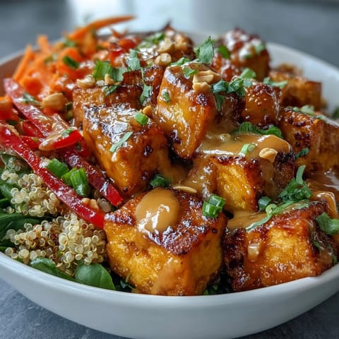 Peanut Tofu Power Bowl features colorful veggies and golden tofu, served warm with a rich, savory peanut drizzle.