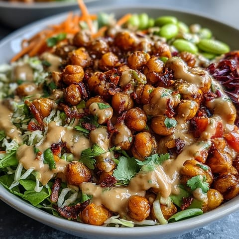 A colorful Peanut Chickpea Protein Bowl features fluffy quinoa, crunchy cabbage, and tender roasted chickpeas, ready to enjoy with a zesty lime wedge.  