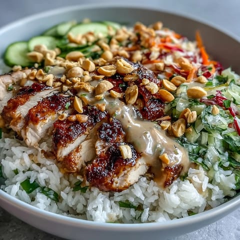 Fluffy coconut rice topped with grilled chicken slices, crisp red cabbage, carrots, and cucumbers, drizzled with creamy peanut sauce.  