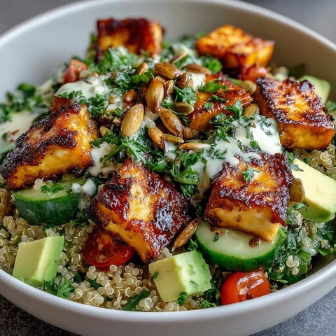 Bright, colorful Simple Grain Bowl with fluffy quinoa, roasted chickpeas, avocado, cherry tomatoes, cucumber, and toasted pumpkin seeds, drizzled with lemon-herb dressing.