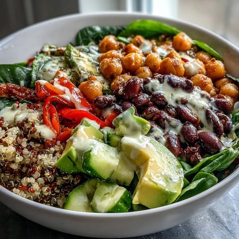 Hearty Three-Bean Power Bowl featuring chickpeas, black beans, and kidney beans topped with avocado and seeds.  
