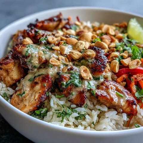 A close-up of a Thai Peanut Chicken Bowl with tender chicken and coconut rice, topped with crisp veggies and a creamy peanut drizzle.