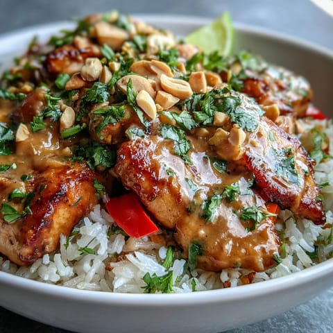 Thai Peanut Chicken Bowl garnished with fresh cilantro, chopped peanuts, and lime wedges, ready for a flavorful weeknight dinner.
