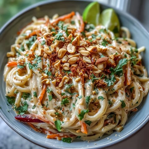 Colorful Asian Peanut Noodle Bowl with crisp veggies and chopped peanuts, served with lime wedges.