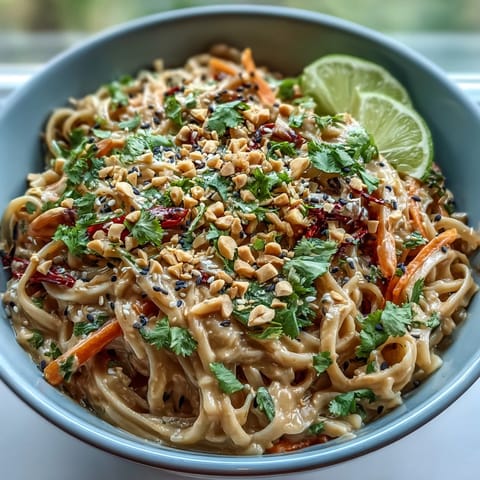Creamy peanut dressing coats tender noodles and vibrant vegetables in this easy Asian Peanut Noodle Bowl.