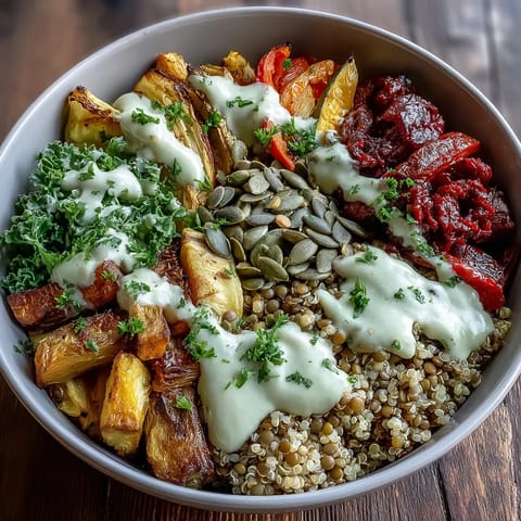 A close-up view of the Lentil Power Bowl reveals colorful caramelized veggies, glossy dressing, and a sprinkle of parsley and pumpkin seeds.