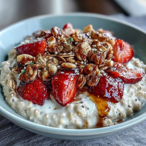 A jar of strawberry overnight oats with chia seeds and granola, layered with fresh berries and crunchy topping.