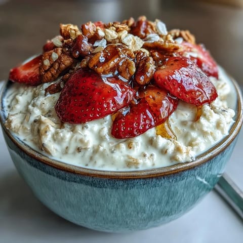 Creamy strawberry overnight oats with chia seeds, topped with granola and juicy sliced strawberries for a wholesome breakfast.
